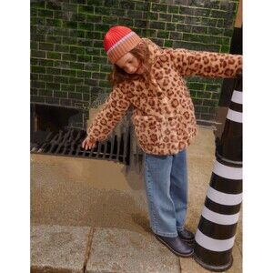 Mini Boden Girls Kids Faux Fur Duffle Coat Large Leopard  print size 4/5 GUC.